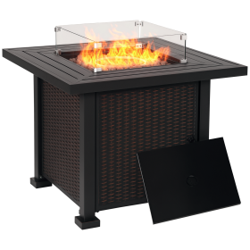 Outsunny 34" Propane Gas Fire Pit Table, 50,000BTU Wicker Gas Firepit with Glass Wind Guard, Lava Rocks and Lid, CSA Certification for Outdoor