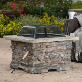 28" Concrete Wood Burning Outdoor Fire Pit Table with Lid - Stone Gray