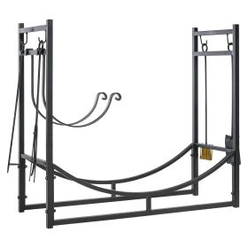Firewood Rack with Fireplace Tools, Indoor Outdoor Firewood Holder, Curved Bottom with 2 Tiers for Fireplace, Wood Stove, Hearth or Fire Pit, Bla