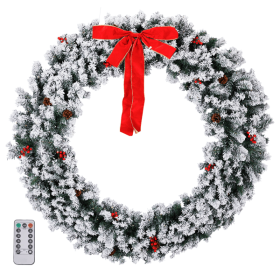 60in Pre-lit Snow Flocked Christmas Wreath, Lighted Artificial Xmas Wreath with 220 Warm White Lights and 600 PVC Tips and DIY Ornaments