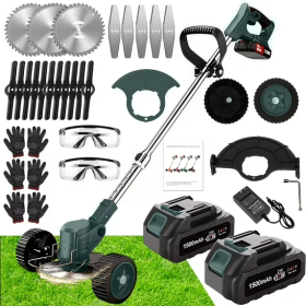21V Electric Weed Eater With Wheels,Cordless Battery Weed Wacker With Charger, 2Batteries,3 In 1 Brush Cutter String Trimmer Grass Trimmer Lawn M (Color: Green)