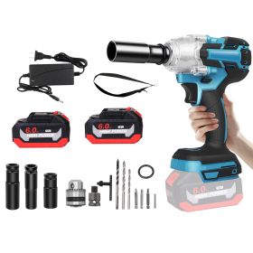 1Pc 3 In 1 Cordless Electric Impact Wrench Drill Screwdriver With Brushless Motor Max 3450RPM Variable Speed 2Pcs 6.0Ah Batteries 3 Sockets 3 Scr (Color: Blue)