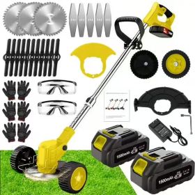 21V Electric Weed Eater With Wheels,Cordless Battery Weed Wacker With Charger, 2Batteries,3 In 1 Brush Cutter String Trimmer Grass Trimmer Lawn M (Color: Yellow)
