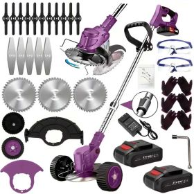 21V Electric Weed Eater With Wheels,Cordless Battery Weed Wacker With Charger, 2Batteries,3 In 1 Brush Cutter String Trimmer Grass Trimmer Lawn M (Color: PURPLE)
