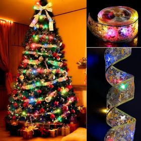 [100 LED Battery-powered Christmas Tree] A Christmas Tree With 32 Feet Of Ribbon, 100 LED Lights, Golden Wire Ribbon, Battery-powered (Color: Golden Ribbon- Colourful)