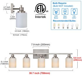 Bathroom Light Fixtures Brushed Brass 6-Light Bathroom Vanity Light, Modern Bathroom Lights Over Mirror with Milky White Glass Shade (Color: Brushed Nickel, Numbers of Light: 5-Light)