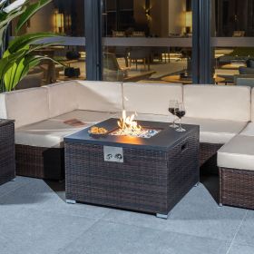 Outdoor Gas Fire Pit Square Dark Brown Wicker Fire Pit Table Propane Fire Table with Glass Rocks (Color: as Pic)