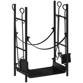 Firewood Rack with Fireplace Tools, Indoor Outdoor Firewood Holder, Flat Bottom with 2 Tiers for Fireplace, Wood Stove, Hearth or Fire Pit, Black (Color: as Pic)